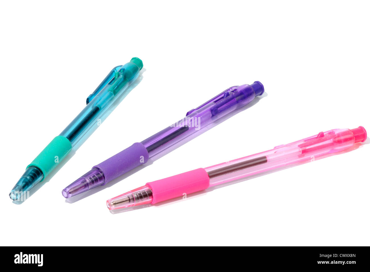 A set of transparent colored pens on a white background, isolated. Stock Photo