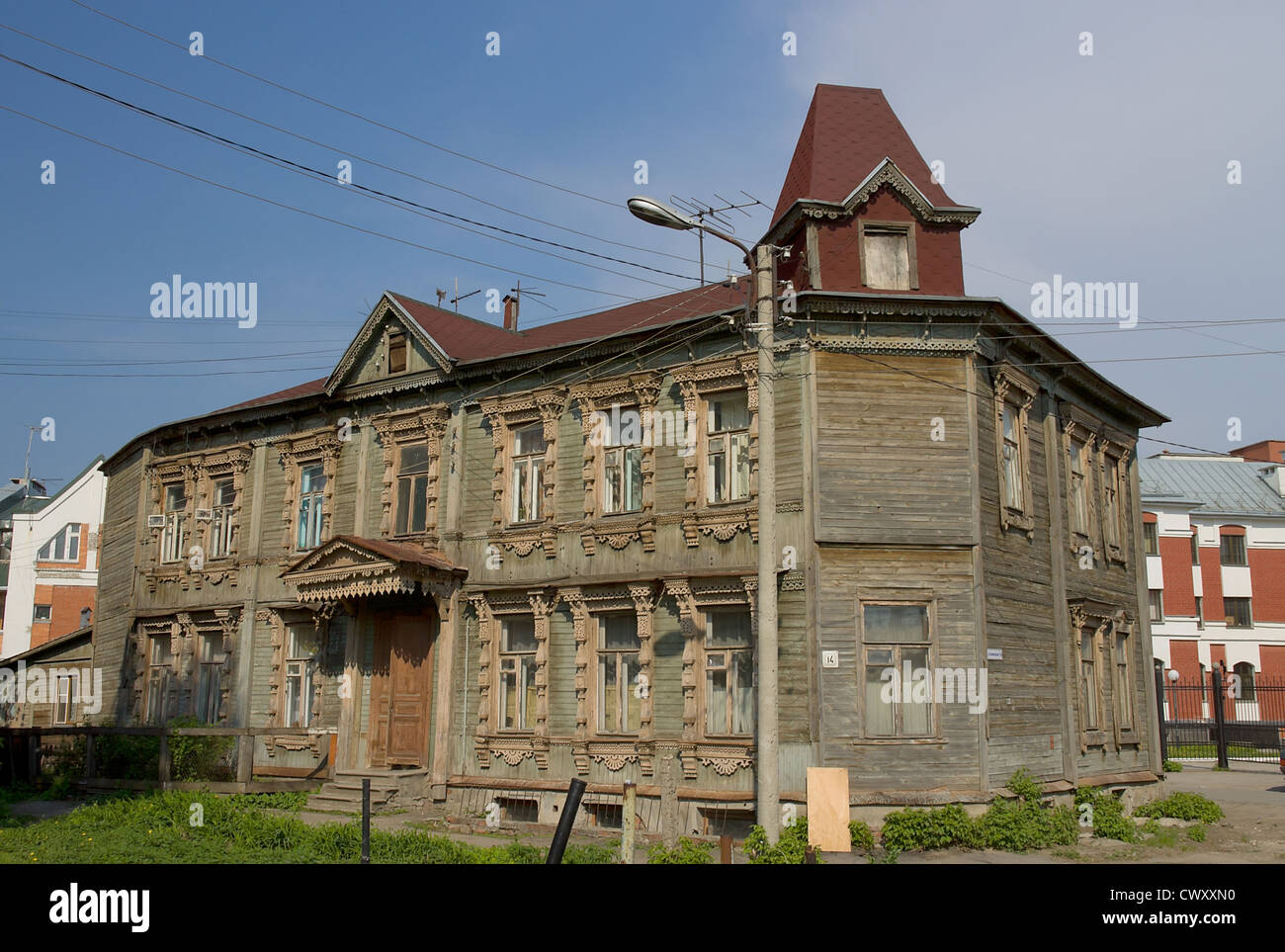 Old wooden 2-storey house, Ryazan, Russia Stock Photo