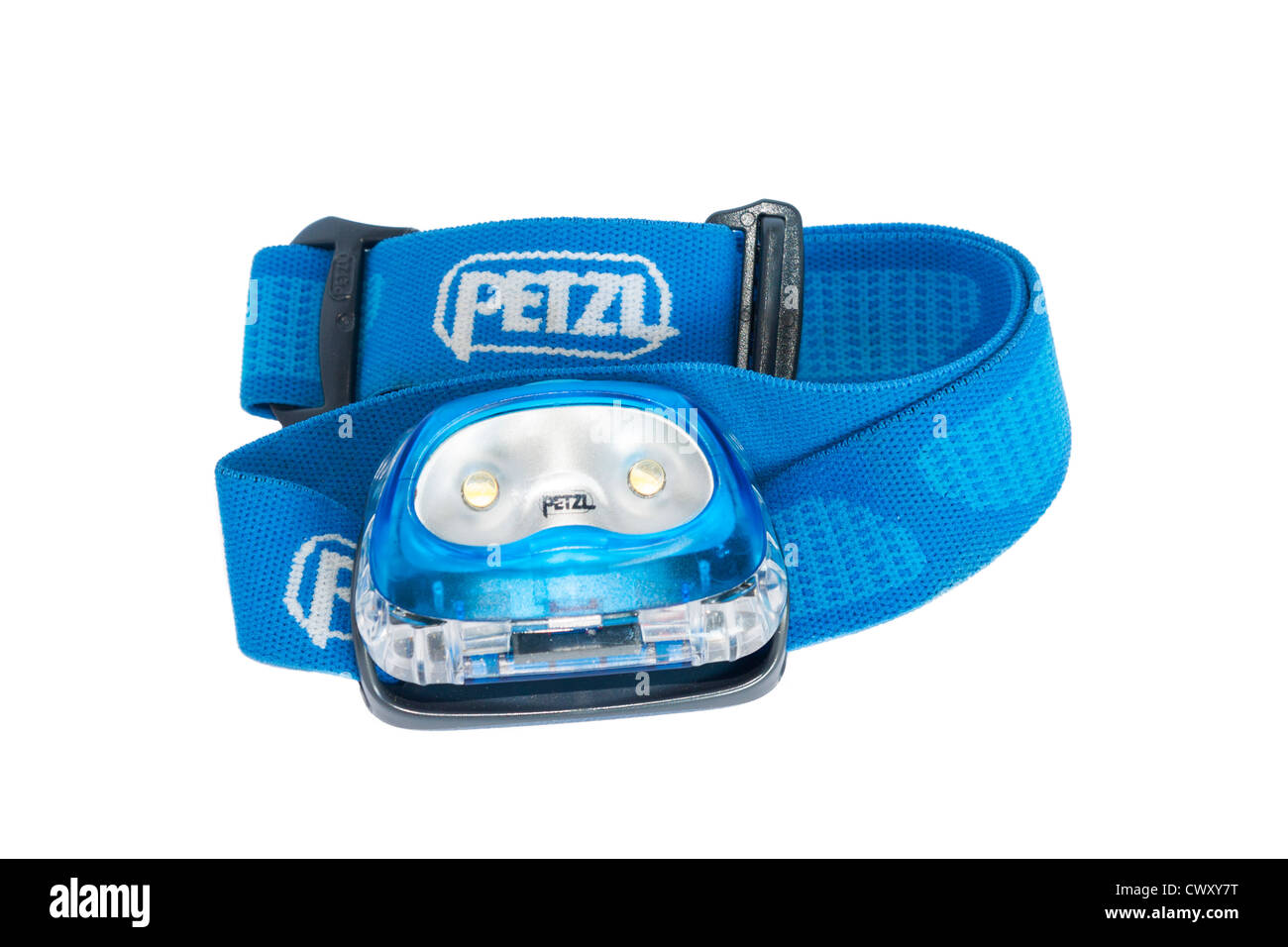 A Petzl head lamp on a white background. Stock Photo