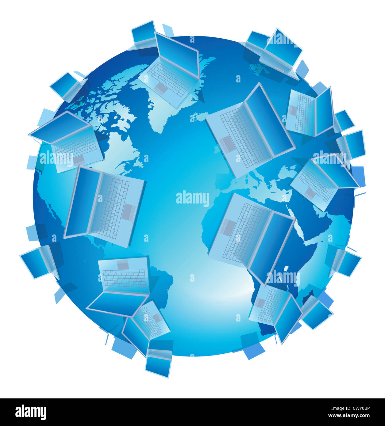 Computer World concept laptops on blue Earth Stock Photo Alamy