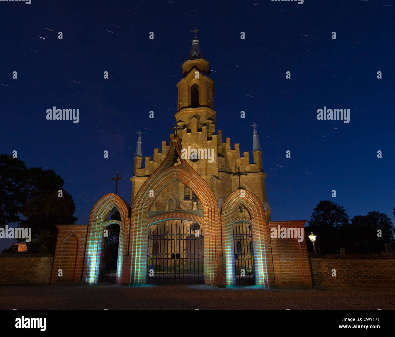 old church in the Gothic style at night, Kernave, Lithuania Stock Photo