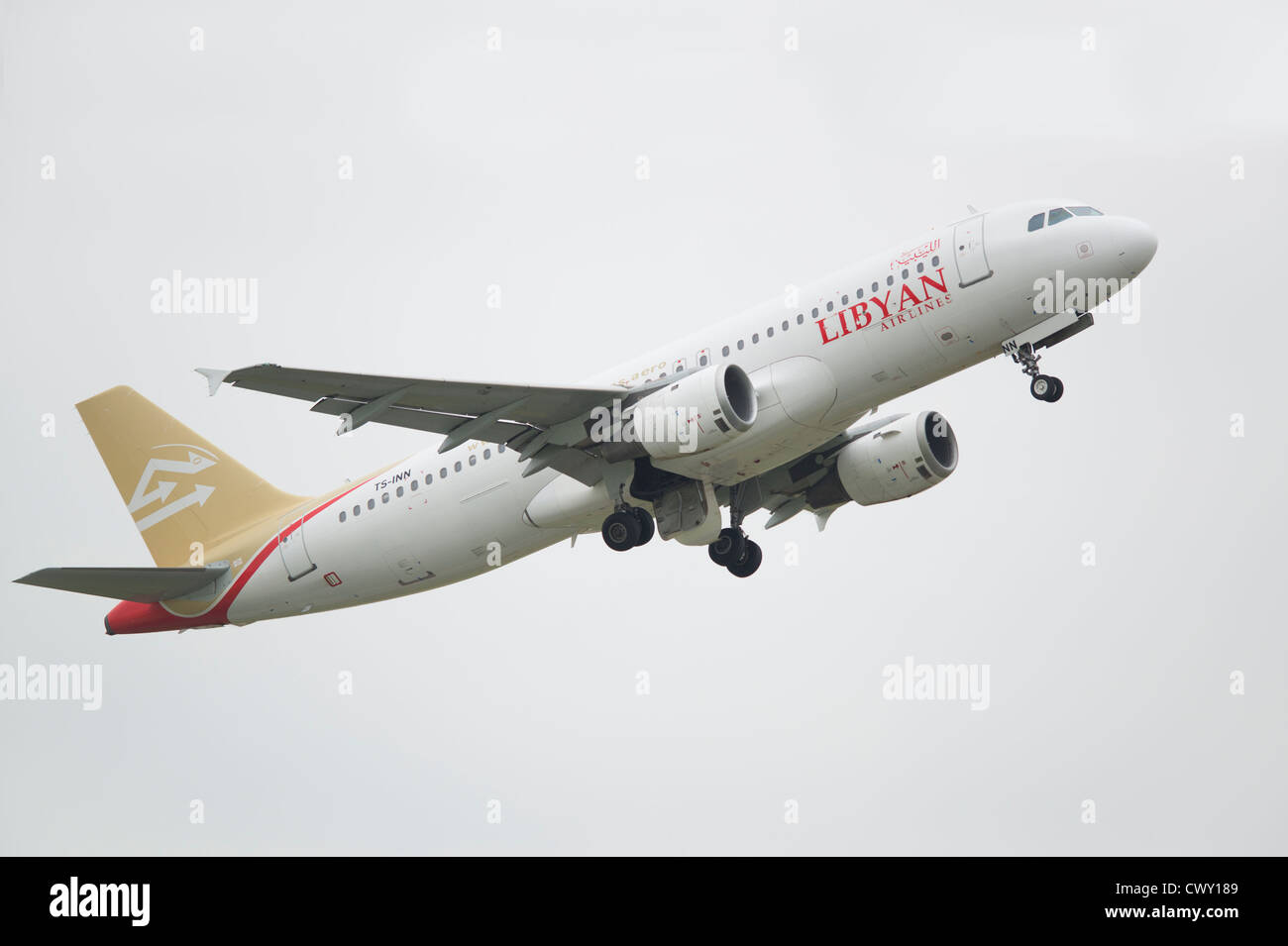 A Libyan Airlines Airbus A320 taking off from Manchester International Airport (Editorial use only) Stock Photo