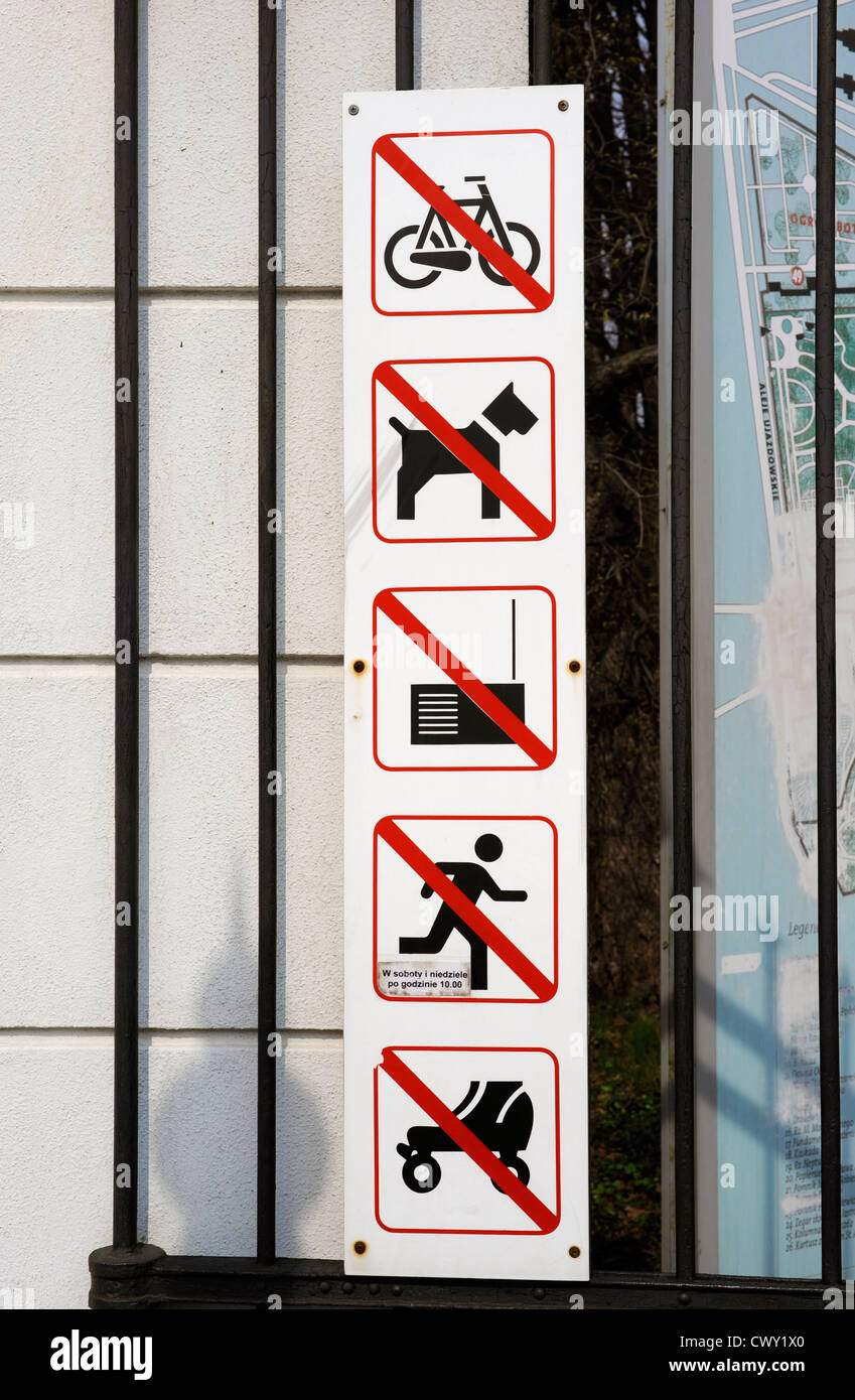 The central park of Warsaw, Poland. Ban signs at the entrance to the park. Stock Photo