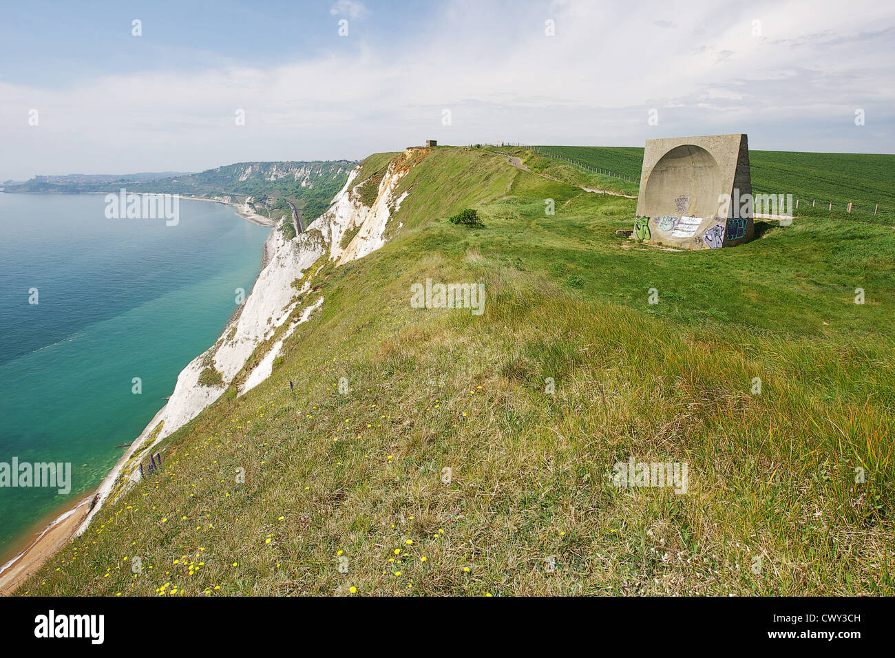 Concrete 'ears' on the cliffs of Dover.    Used as a listening device during WWII these are scattered all along the coast. Stock Photo