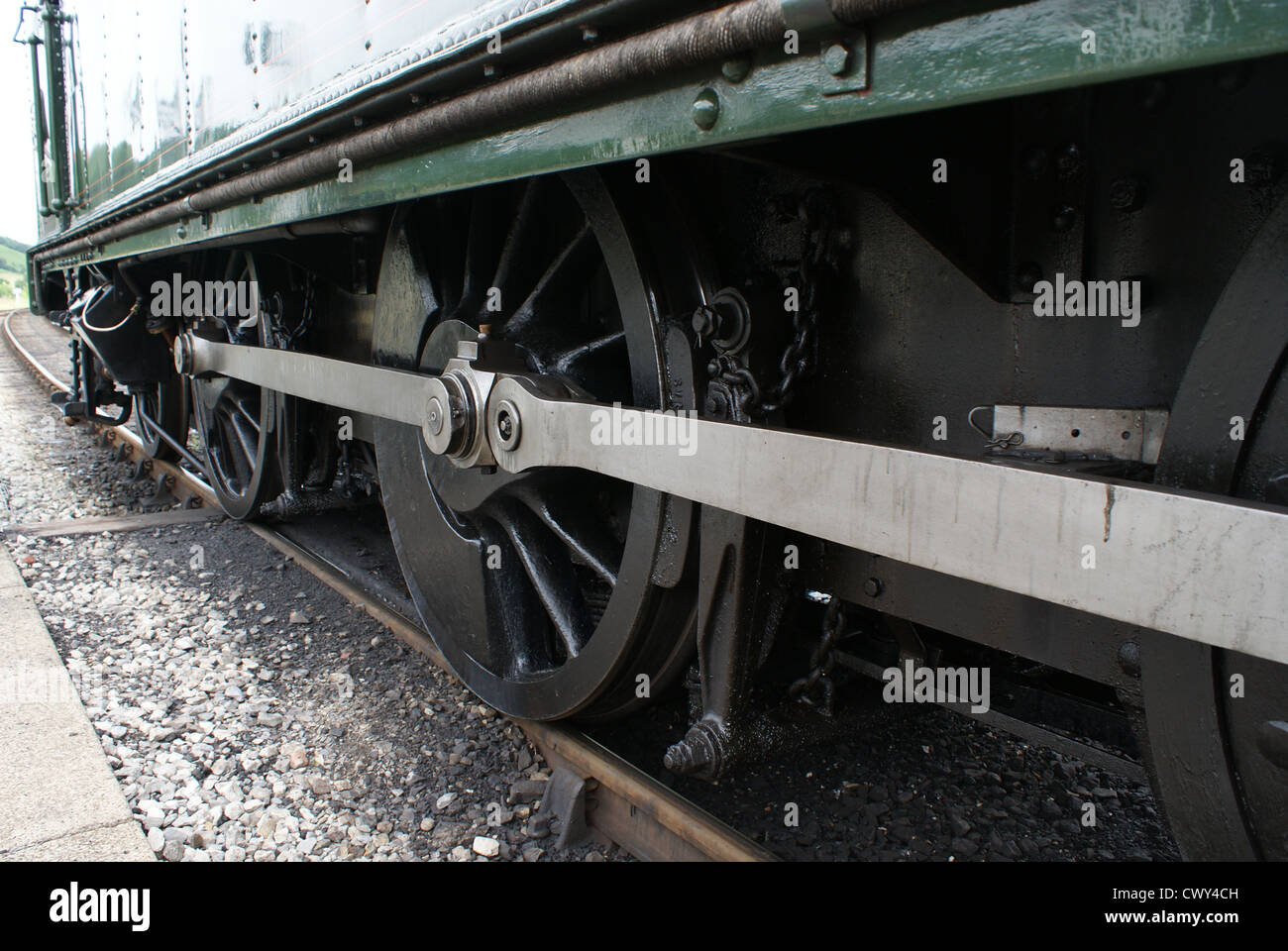 Steam engine running gear and wheels at Carrog Railway Station North