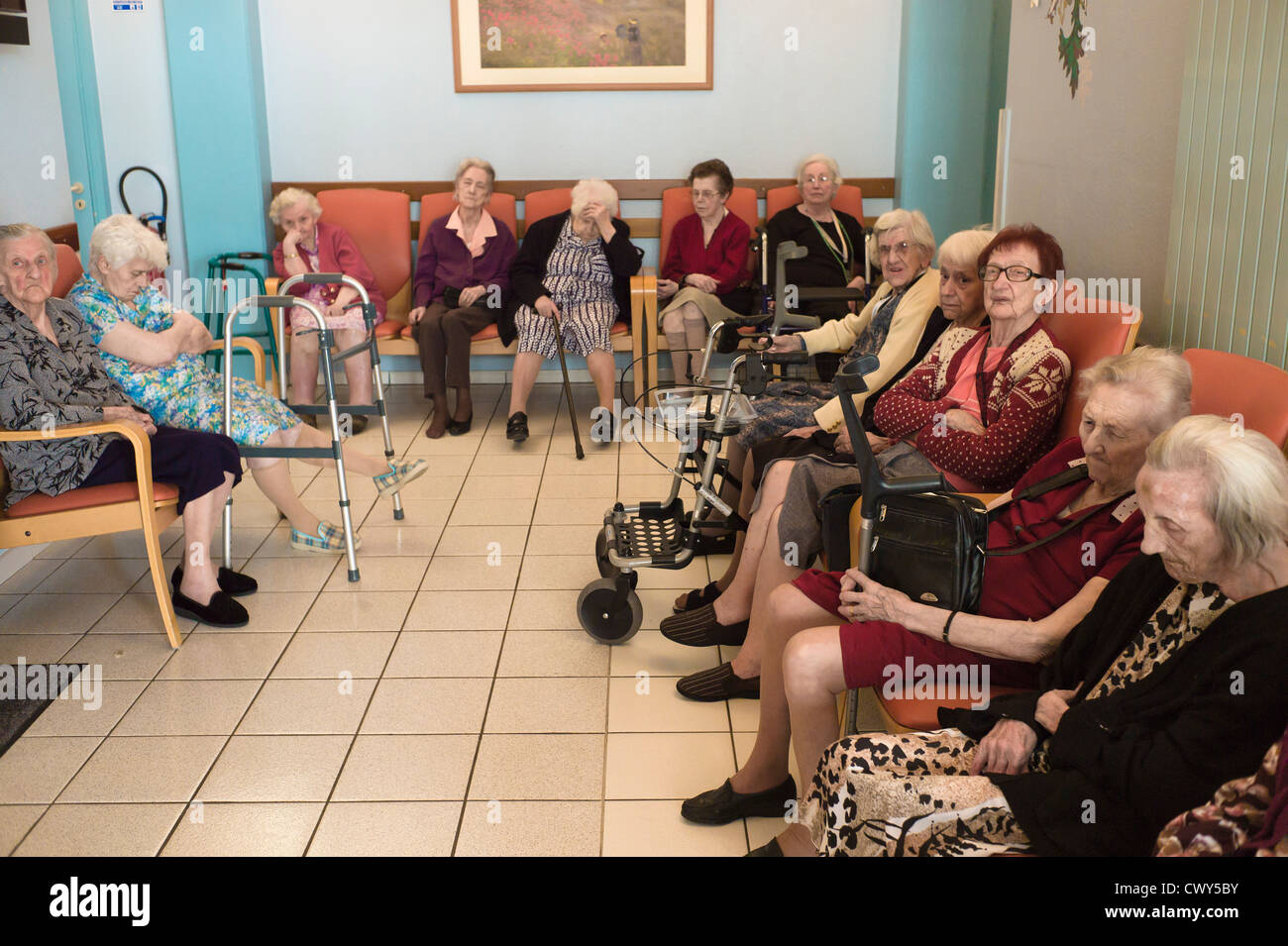Old ladies, senior residents in retirement home, EHPAD French nursing