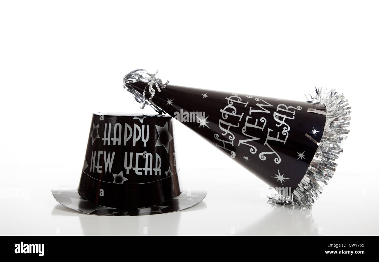 New Year's Eve black and silver party hats on a white background Stock  Photo - Alamy