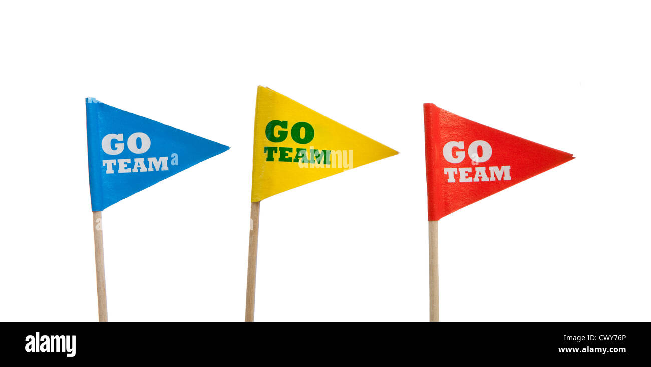 Red, yellow and blue 'Go Team' pennants on a white background with copy space Stock Photo