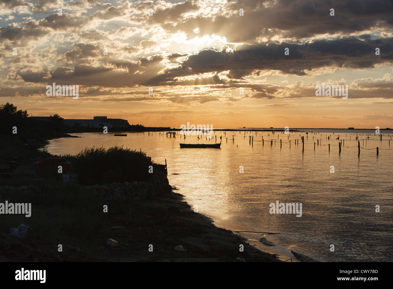 Sunrise in the alfacs Bay, Ebro Delta, San Carlos de la Rapita, Tarragona, Spain Stock Photo