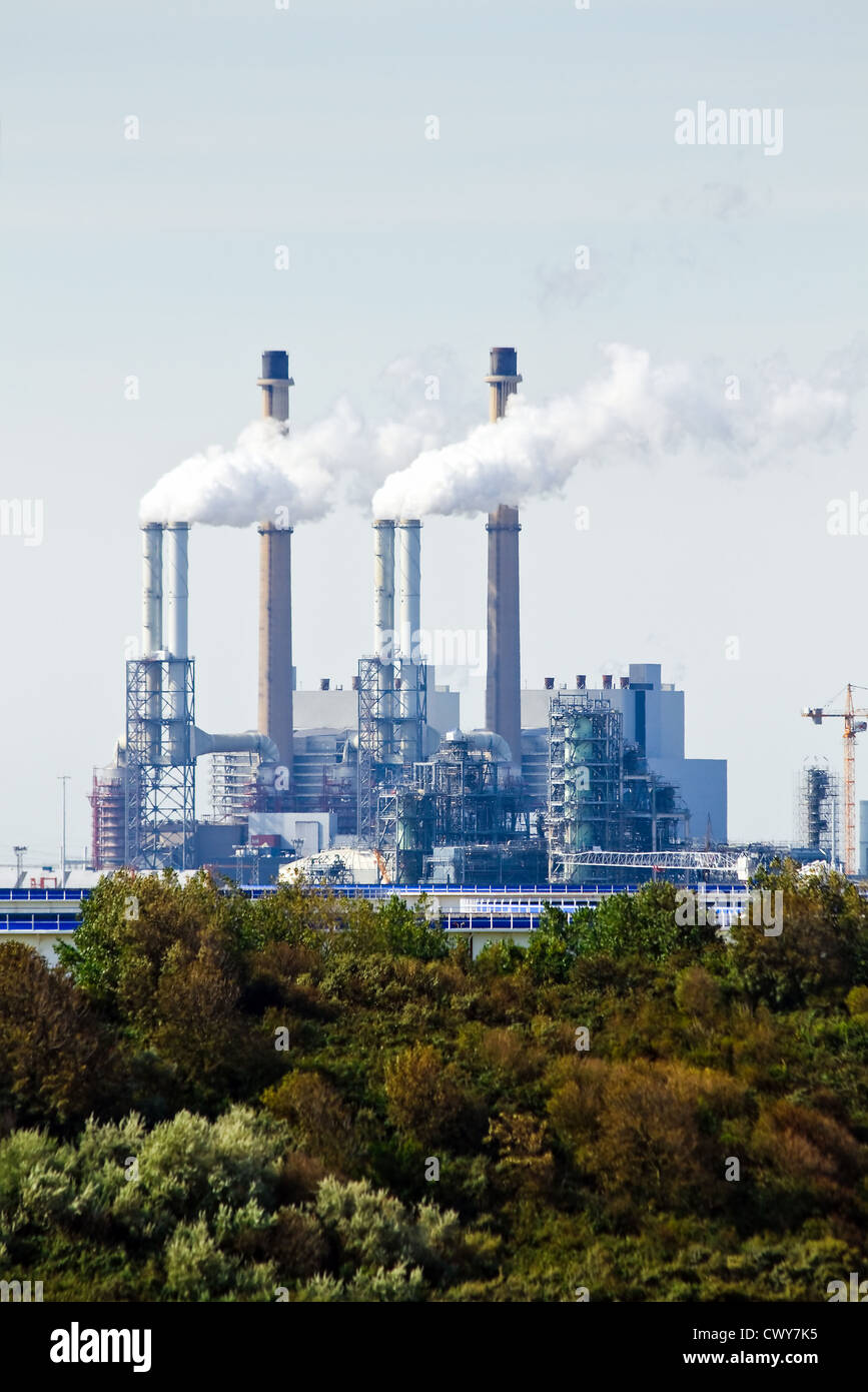 Industrial building and pollution in background and trees in foreground Stock Photo