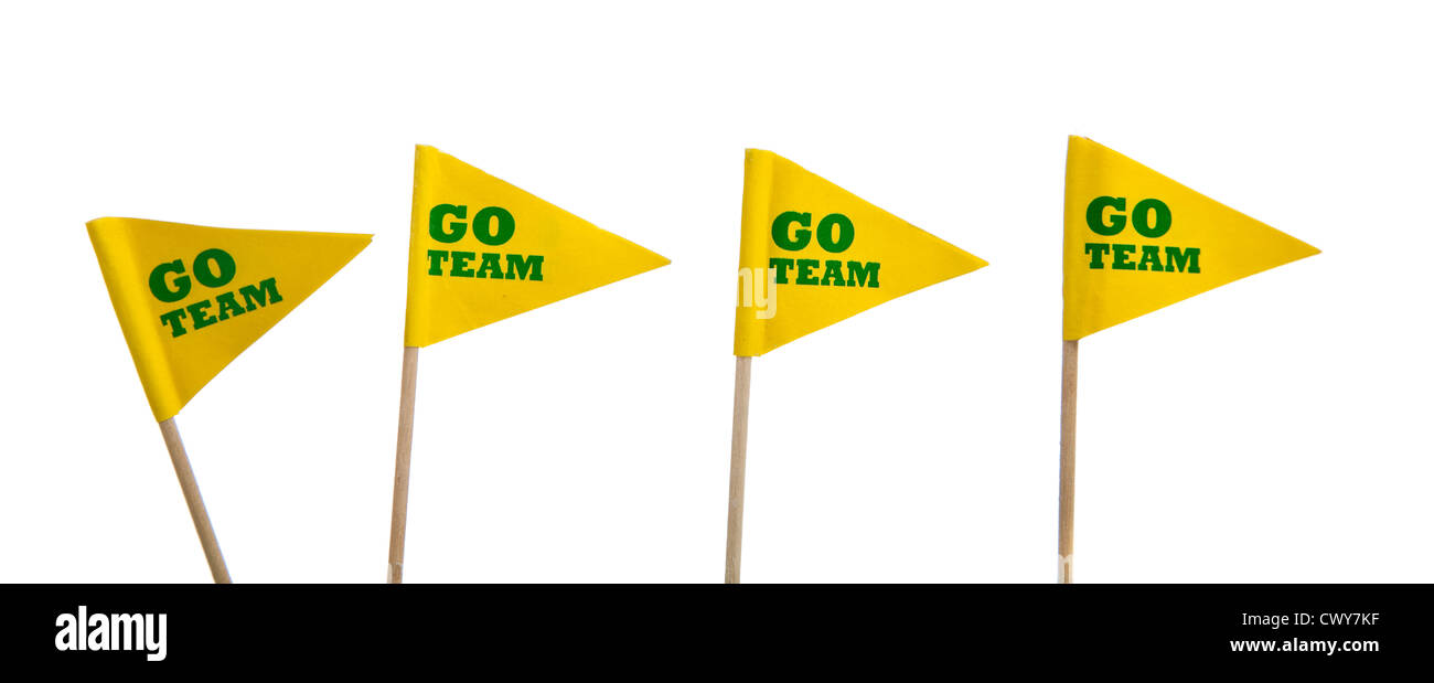 Yellow 'Go Team' pennants on a white background with copy space Stock Photo