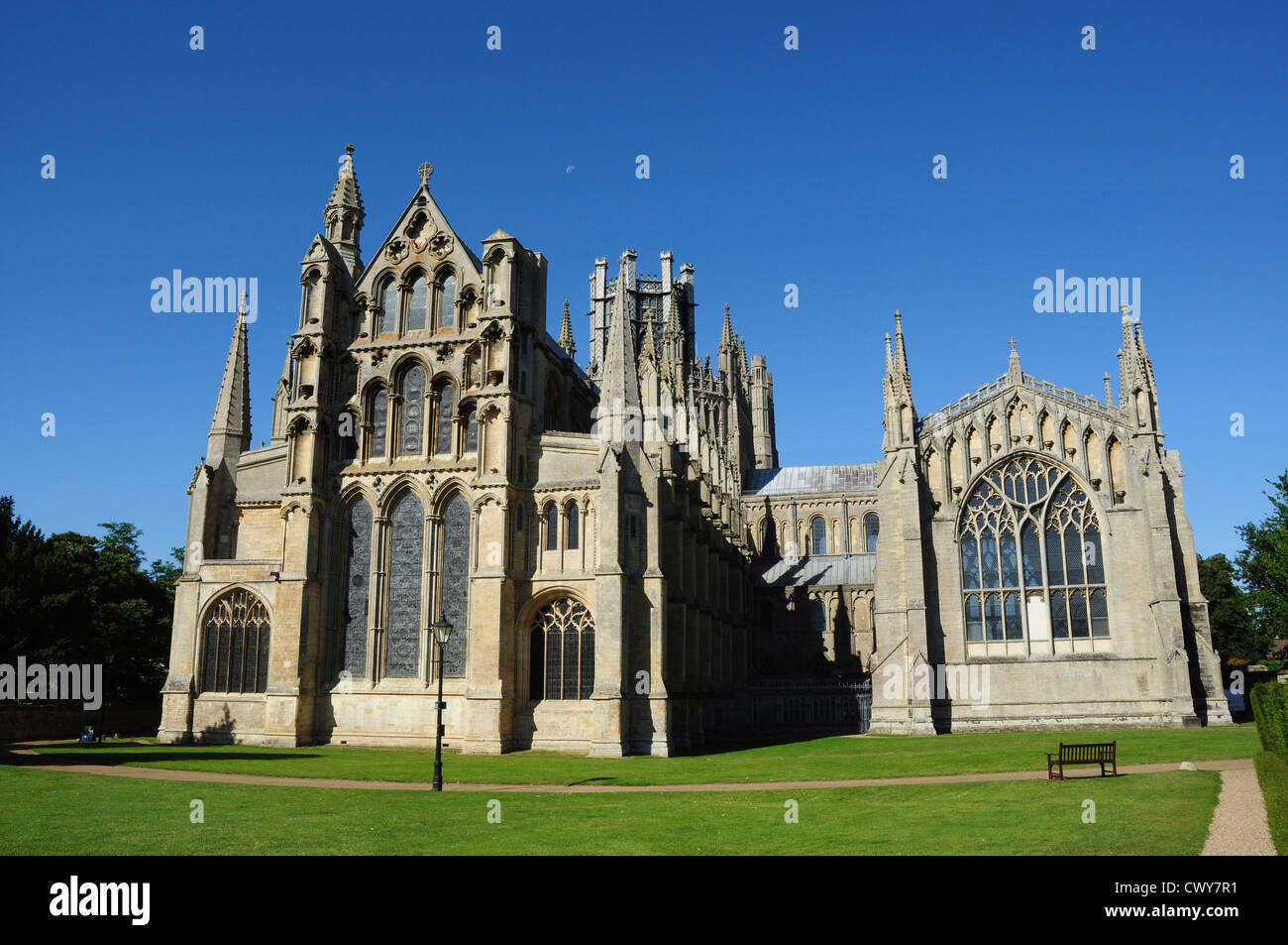 East end elevation of the Cathedral (moon above tower), including the Lady Chapel, Ely, Cambridgeshire, England, UK Stock Photo
