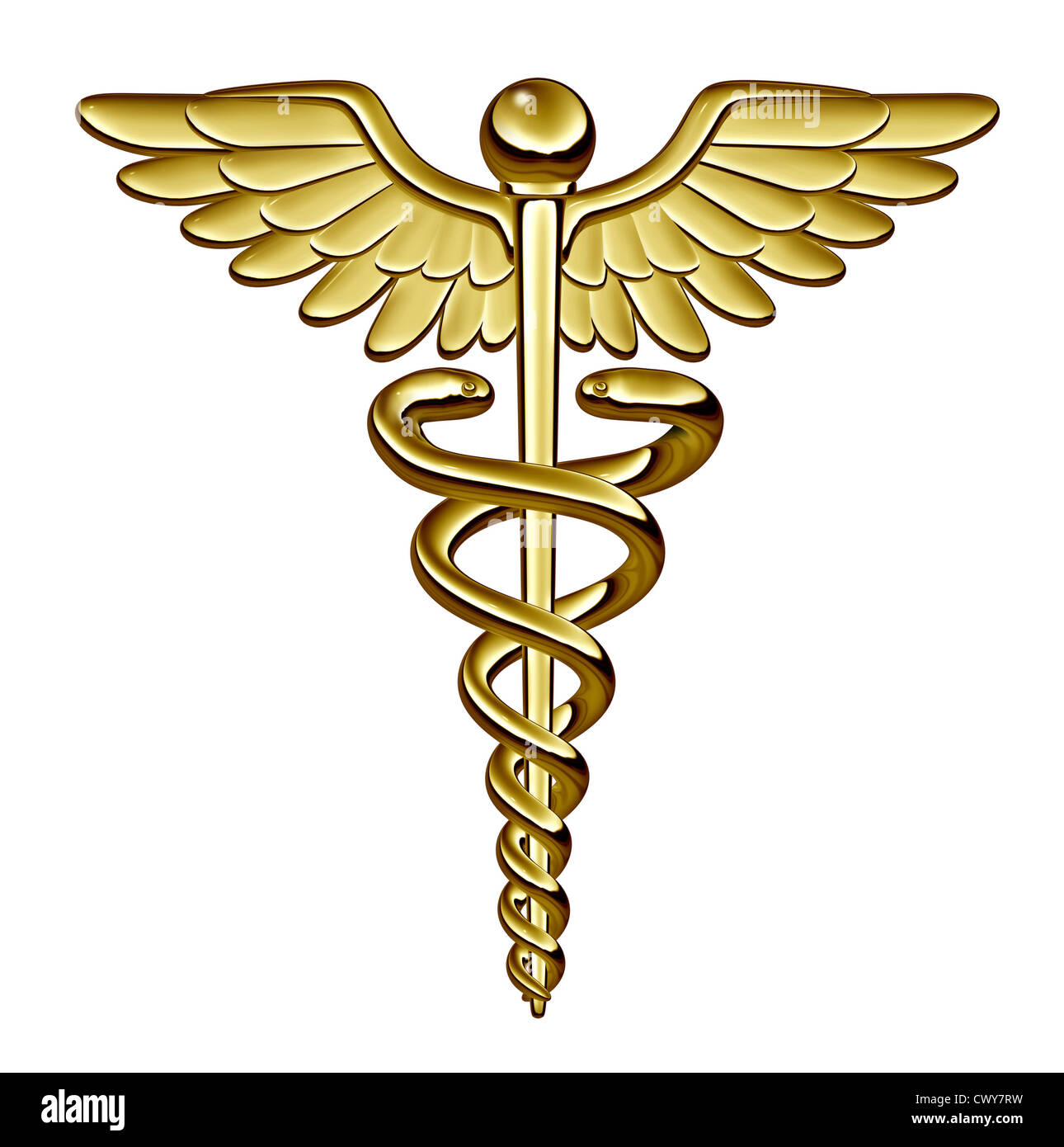 Caduceus medical symbol as a health care and medicine icon with snakes crawling on a pole with wings on golden metal texture isolated on a white background. Stock Photo