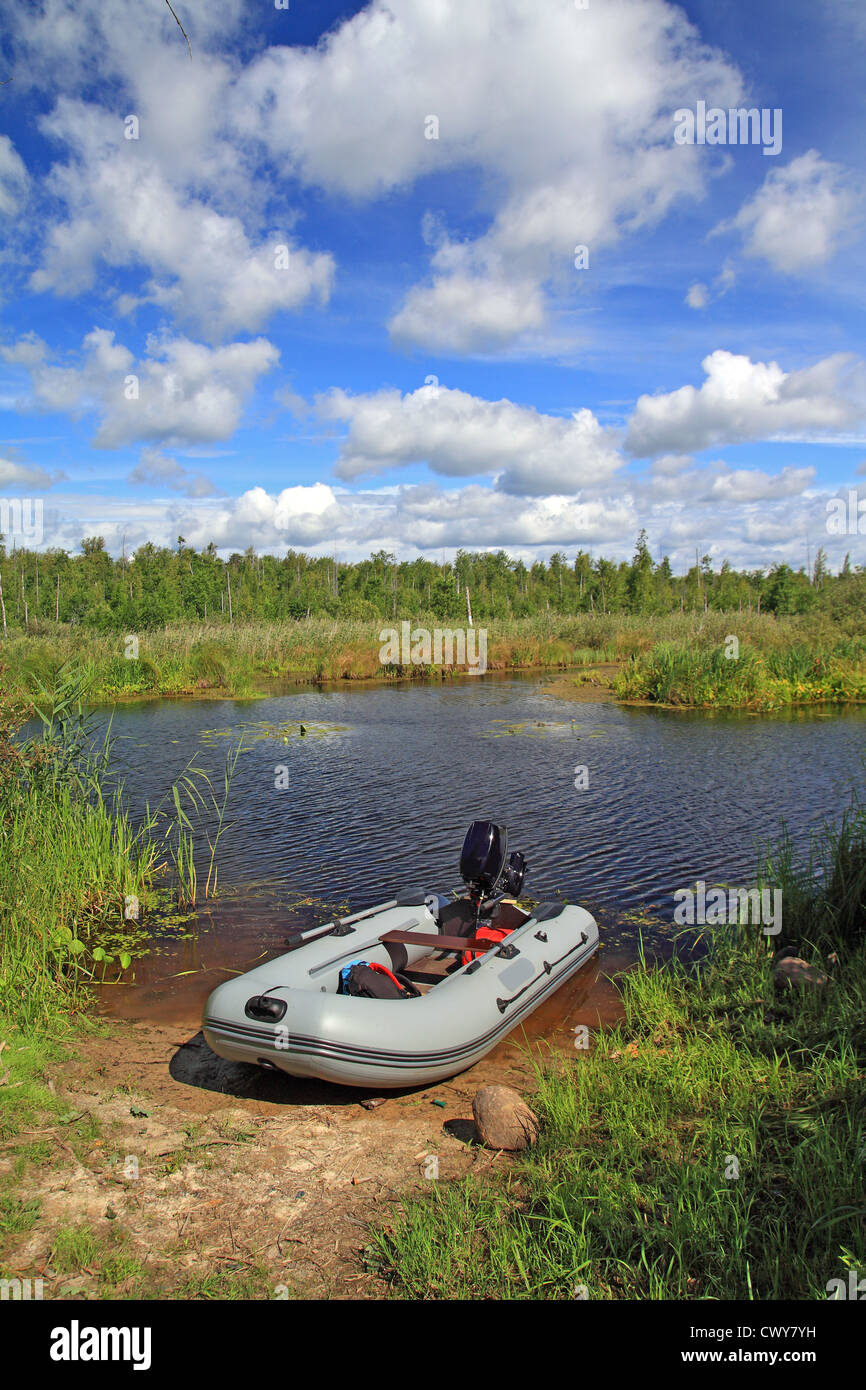 rubber boat on small river Stock Photo Alamy