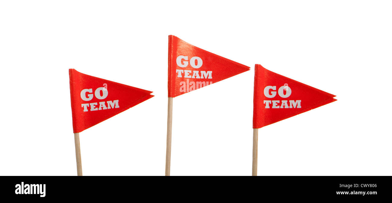 Red 'Go Team' pennants on a white background with copy space Stock Photo