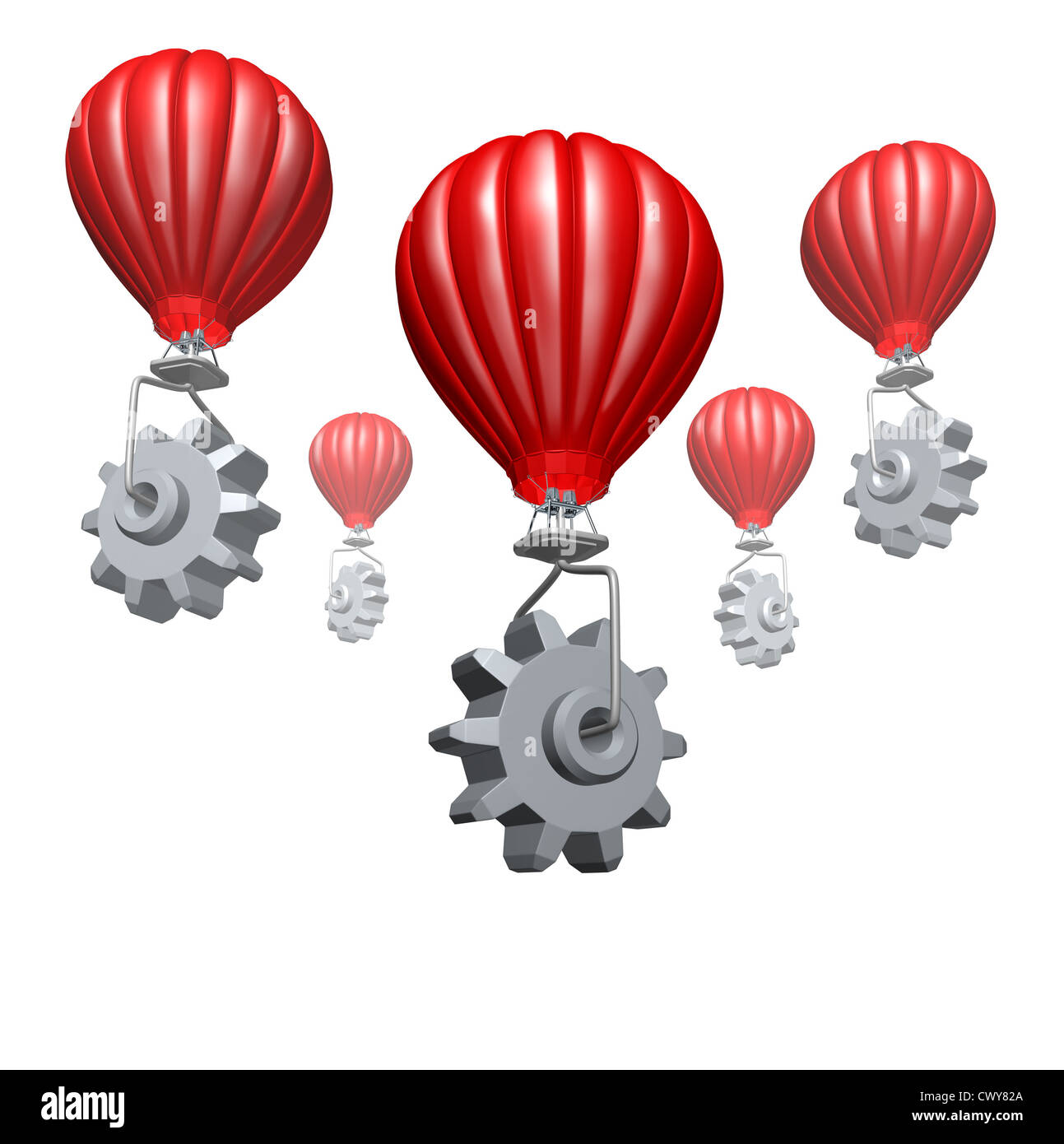 Cloud computing business and strategic partnership technology concept with hot air balloons with gears and cogs building a website or network of virtual servers for the internet on a white background. Stock Photo