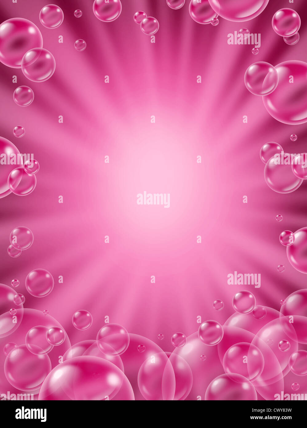Pink bubbles background with a star burst frame and transparent bath soap suds bubbling with blank area for text with pretty delicate foam in many sizes as clean beauty symbols of washing and freshness. Stock Photo