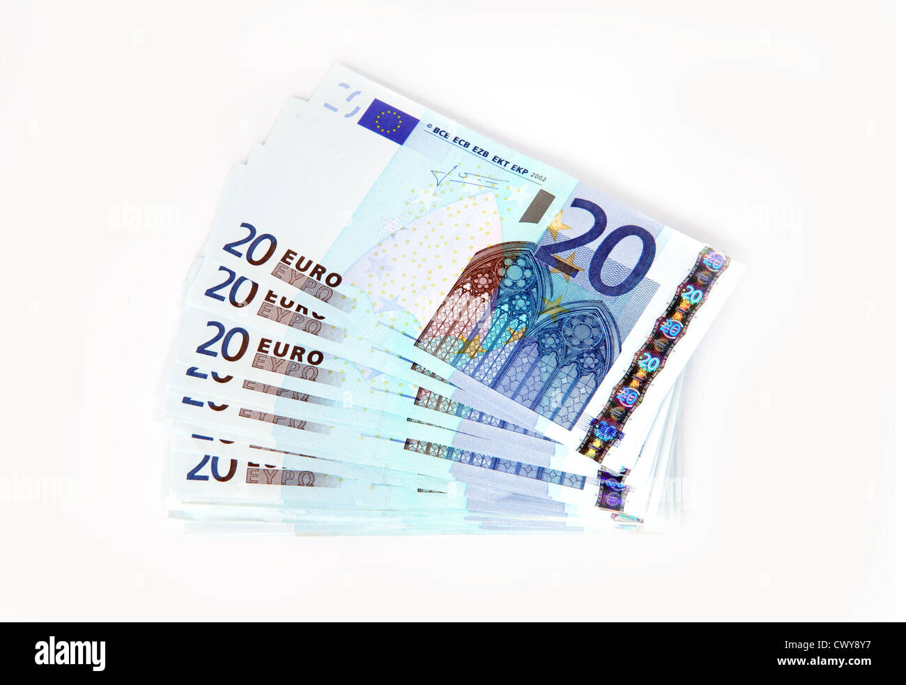 €20 Notes fanned out and isolated on a white background. Stock Photo