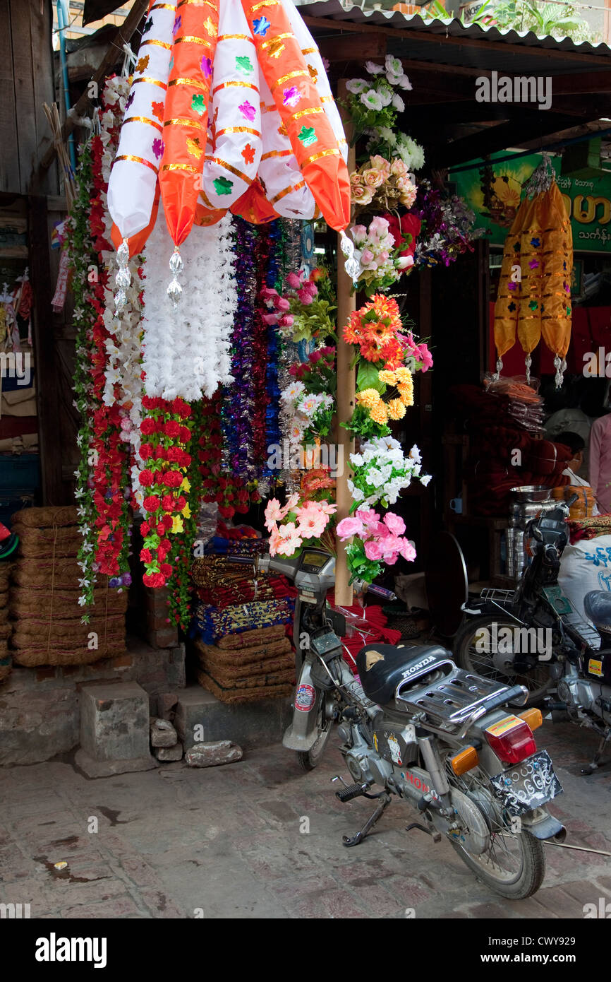 Myanmar, Burma. Mandalay. Shop Decorations, Flower Garlands Stock Photo
