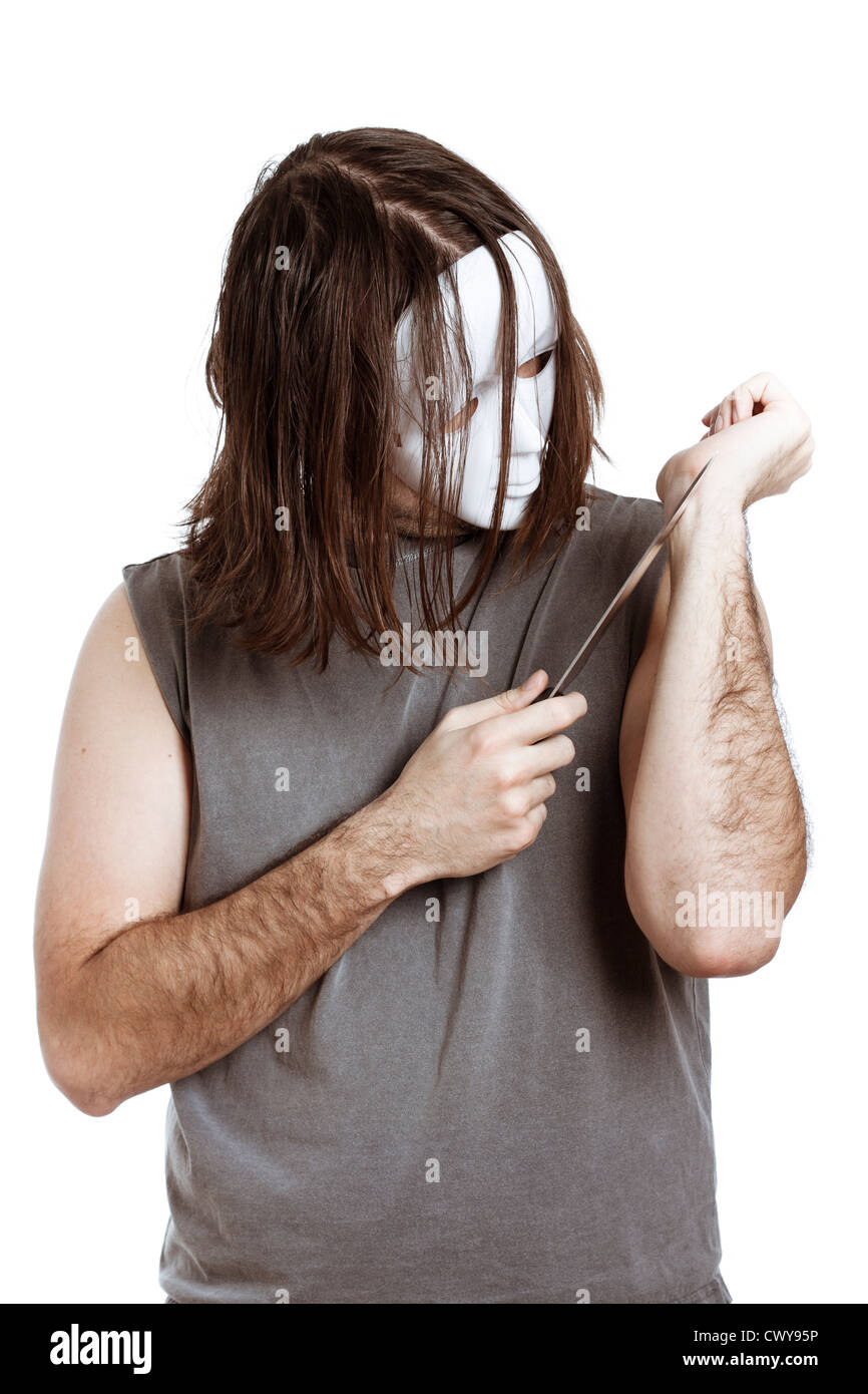 Scary masked psycho man with knife attempting suicide, isolated on white  background Stock Photo - Alamy