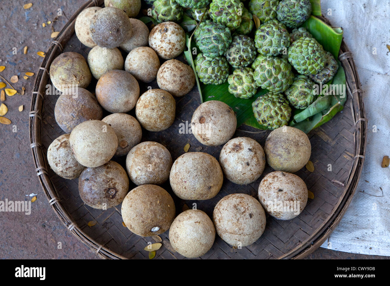 Myanmar, Burma, Mandalay. Wood-Apples (brown) and Custard Apples (green) for Sale in the Market. Stock Photo