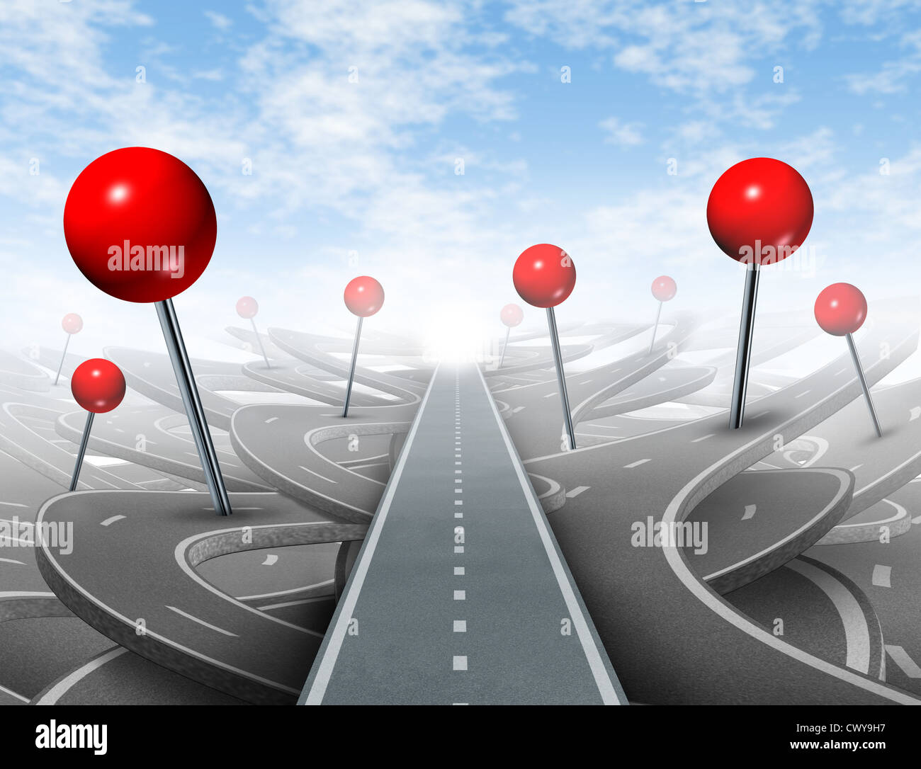 Direction Advice and choosing the right direct clear path to success with red push pins as confusing guides on the wrong roads as obstacles to financial wealth. Stock Photo