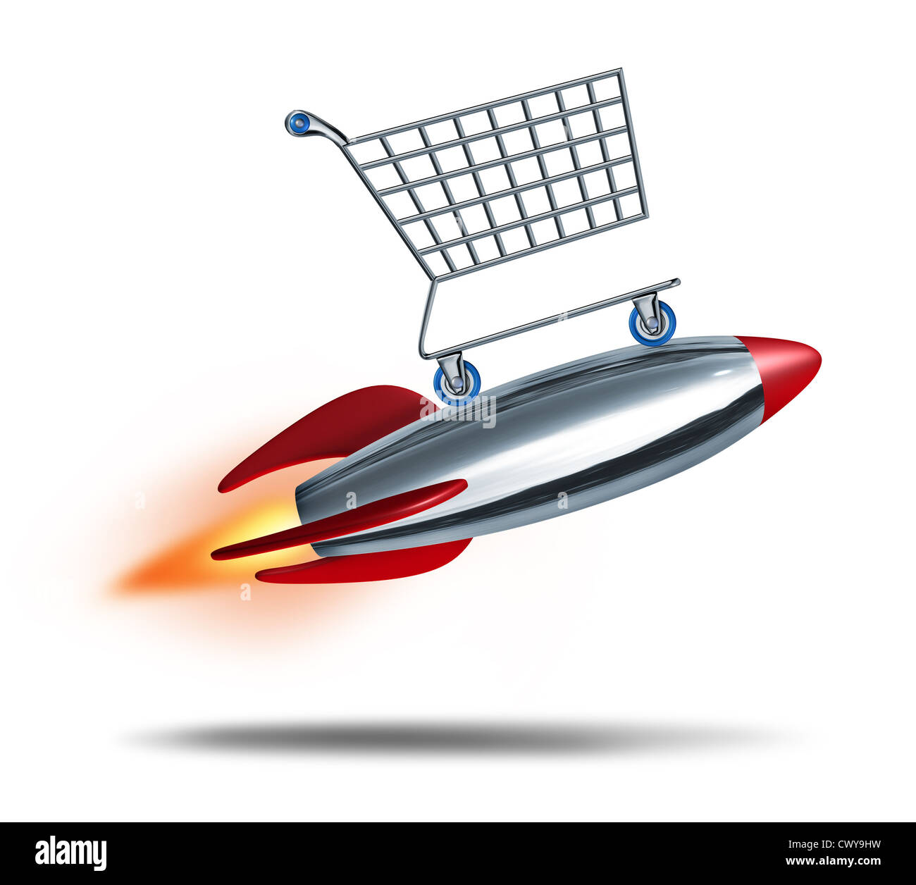 Speed shopping and quick check out concept with a shop cart flying in the air with a rocket blast as a symbol of fast consumer sales service on a white background. Stock Photo
