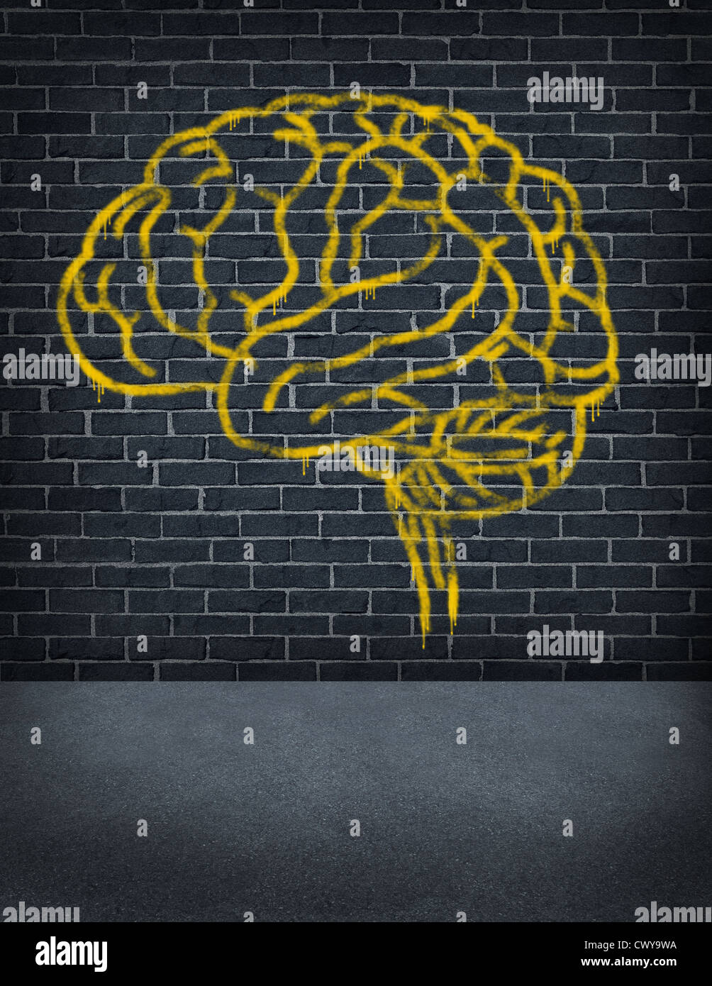 Criminal mind with a sprayed graffiti painting of a human brain on an old outdoor street brick wall as a health care and legal symbol of criminal behavior and problems in social behavior. Stock Photo