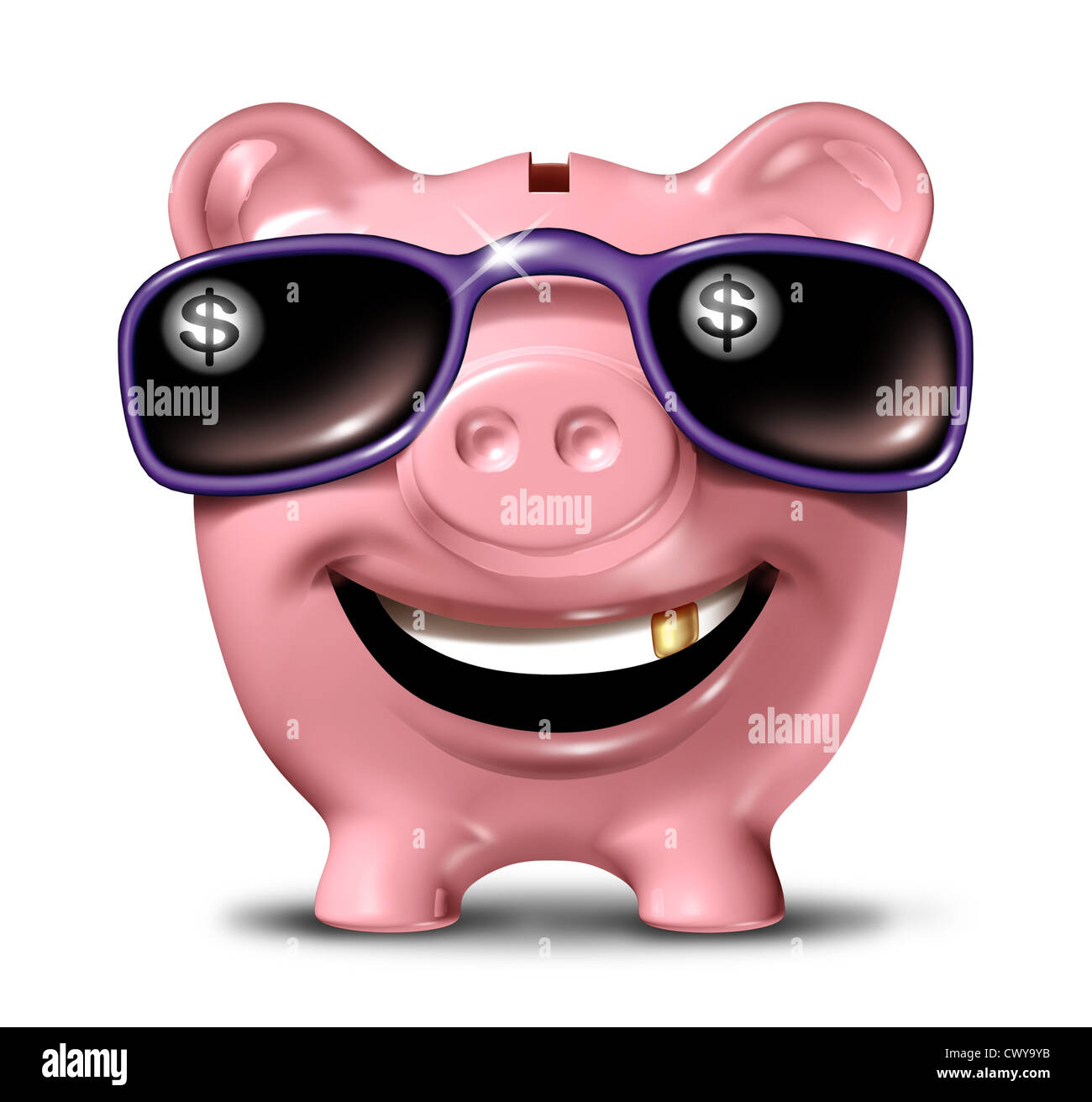 Successful savings financial concept with a happy smiling piggy bank wearing dark sunglasses with a dollar symbol reflection in Stock Photo