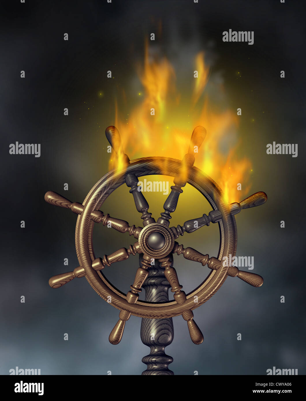 Business crisis and financial disaster economic symbol with a burning navigation wood marine ship wheel in flames representing danger and need for insurance on a dark storm cloudy sky. Stock Photo