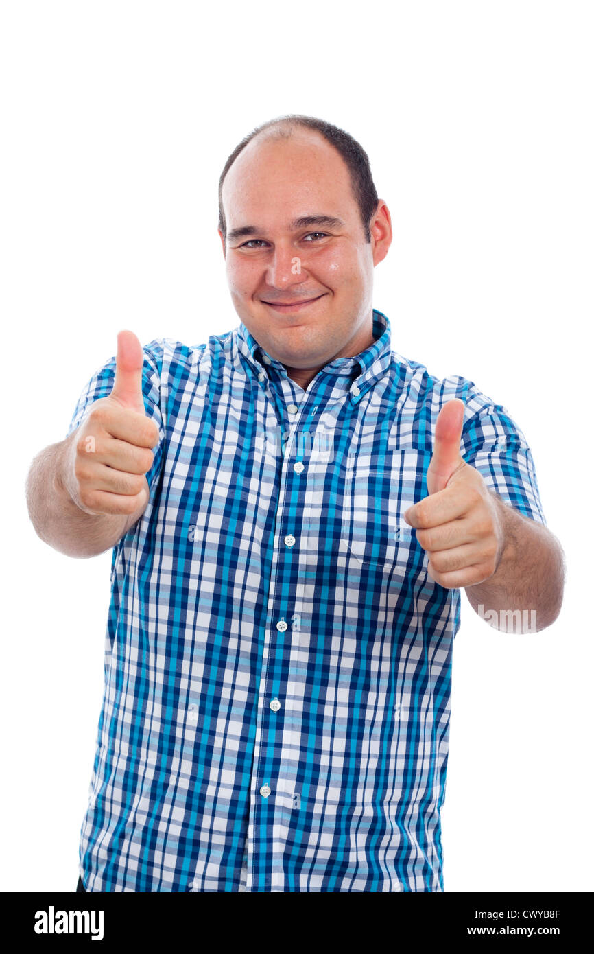 Happy smiling man gesturing thumbs up, isolated on white background. Stock Photo