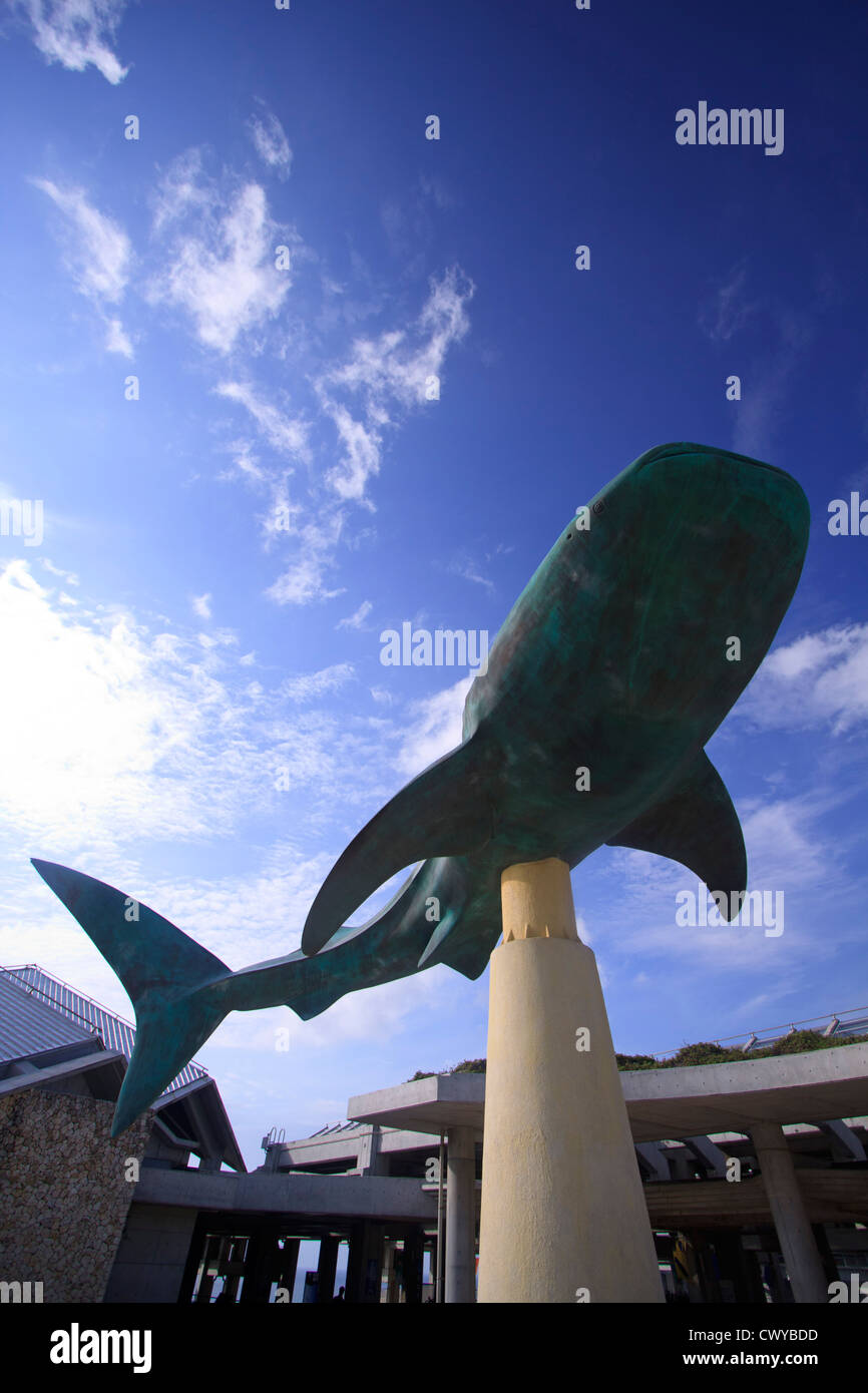 A giant Whale Shark statue at the entrance to the Churaumi Aquarium in Okinawa, Japan Stock