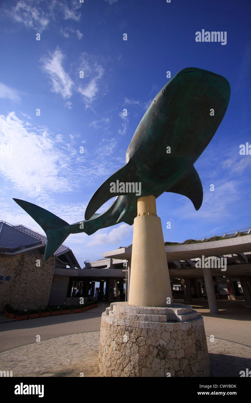 A giant Whale Shark statue at the entrance to the Churaumi Aquarium in Okinawa, Japan Stock