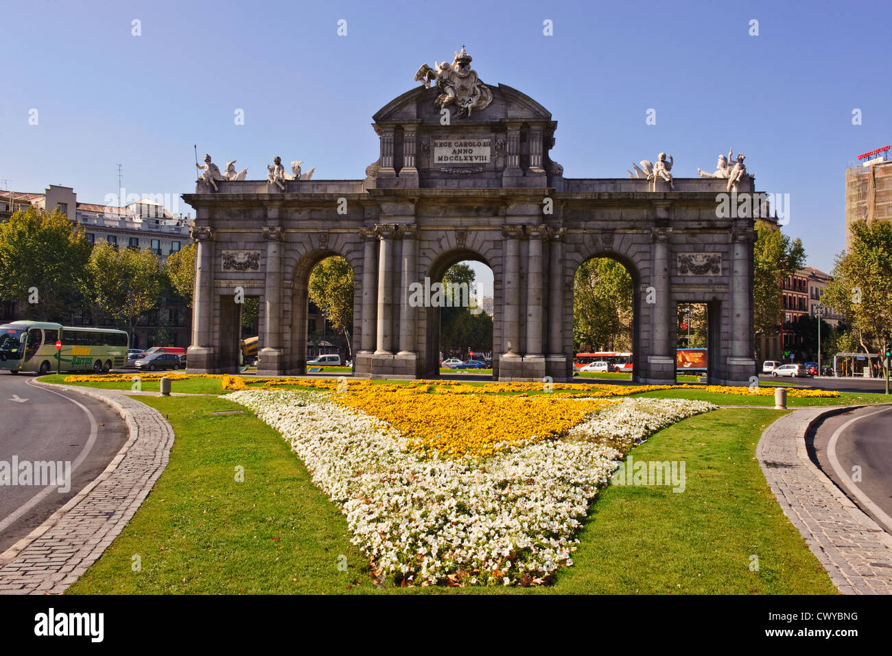 Puerta de Alcalá (Alcalá Gate) is a monument in the Plaza de la Independencia (Independence Square) in Madrid, Spain Stock Photo