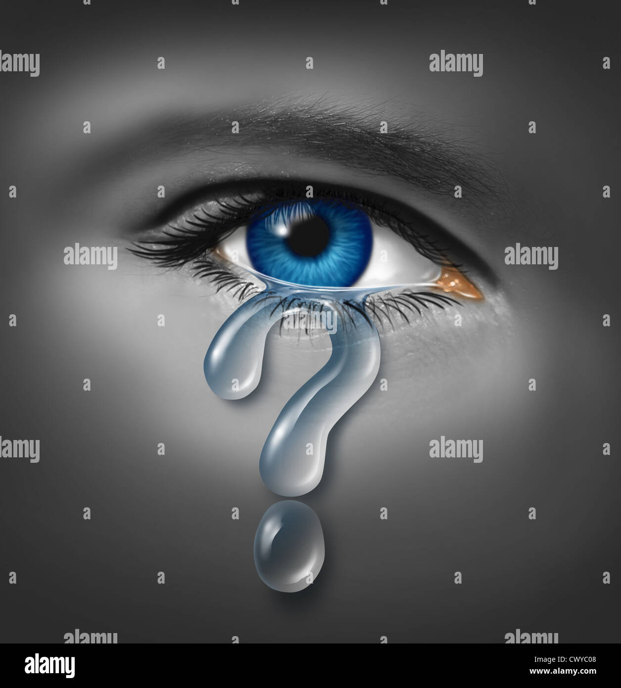 Depression Symptoms and understanding the mood swings that result in feeling sad and down caused by stress helplessness and hopelessness with a close up of a human eye with a crying tear drop in the shape of a question mark. Stock Photo