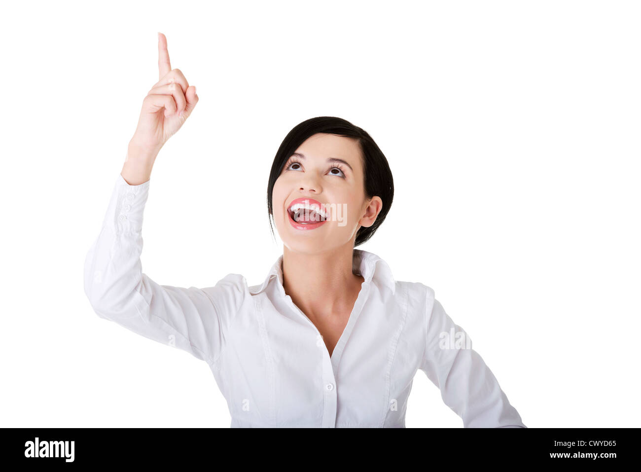 Beautiful business woman showing copy space , isolated on white Stock ...