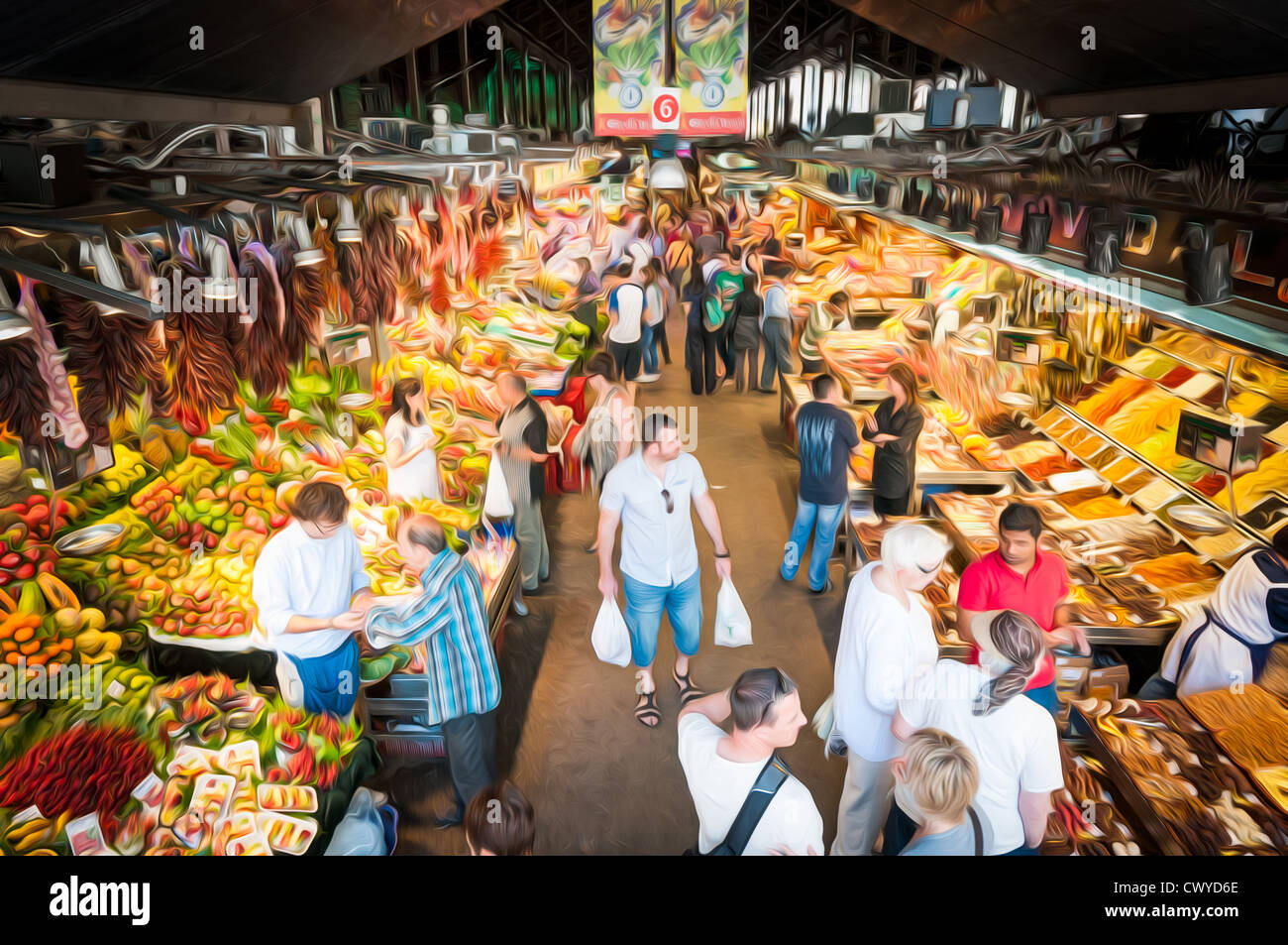 Indoor grocery market in Barcelona, Spain. People walking and buying