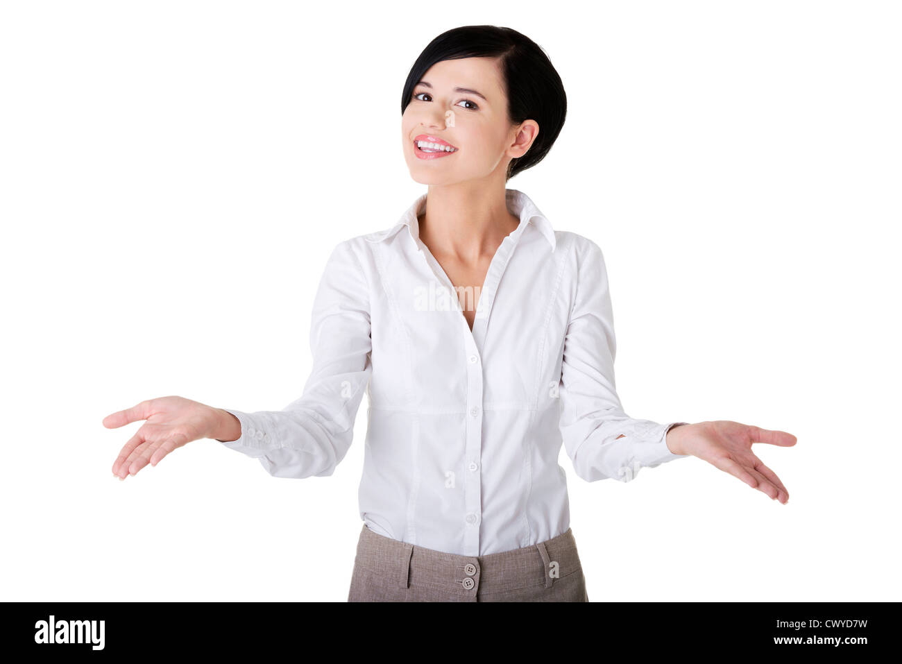Beautiful business woman showing copy space , isolated on white Stock ...