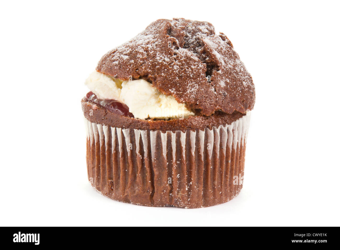Cream filled chocolate muffin on a white background Stock Photo