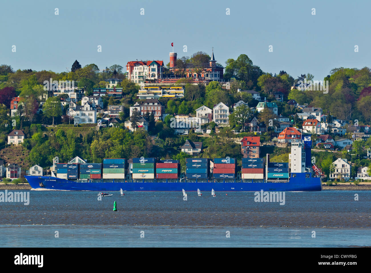Suellberg and container ship on Elbe, Blankenese, Hamburg, Deutschland, Europa Stock Photo