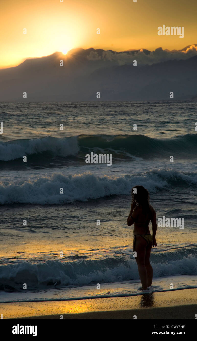 Woman at beach, Plakias, Crete, Greece, Europe Stock Photo