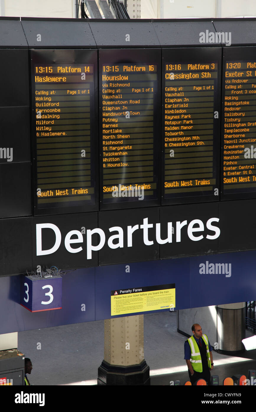 Waterloo Station electronic timetables in London UK. Stock Photo
