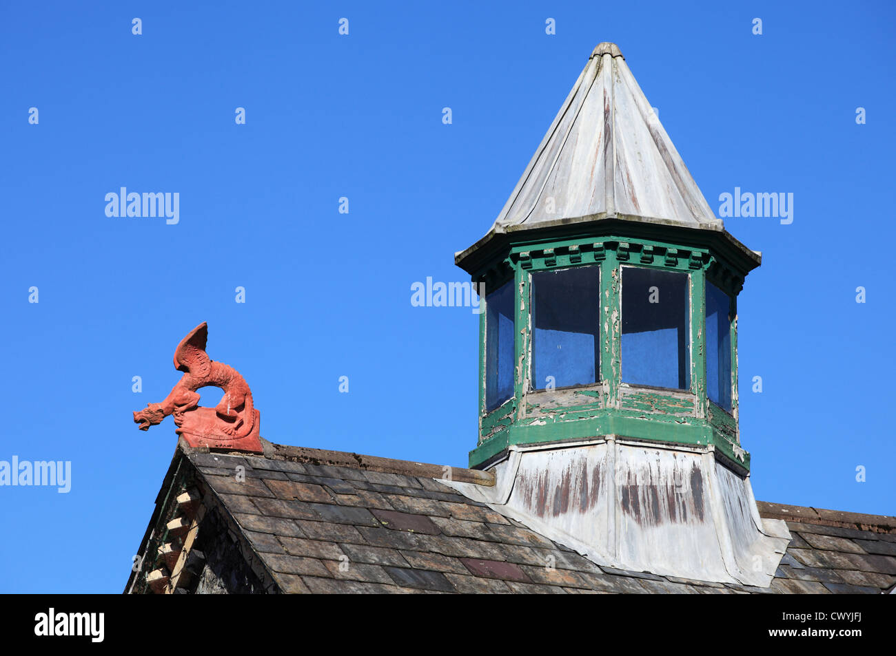 Welsh dragon finial and lantern on roof of Betws y Coed rail station, North Wales, UK Stock Photo
