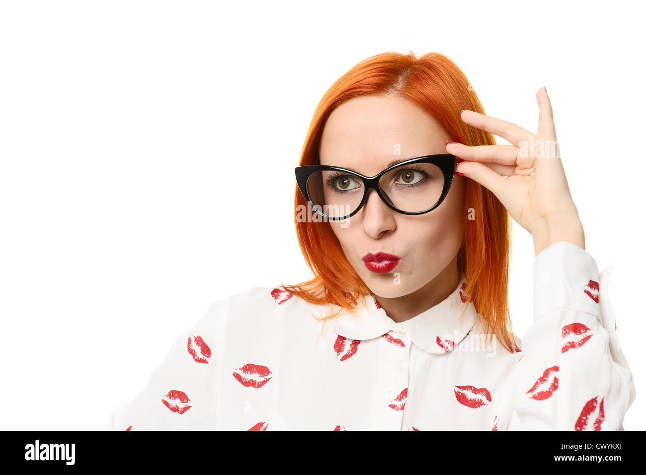 Beautiful young red woman wearing cat eye glasses Stock Photo Alamy