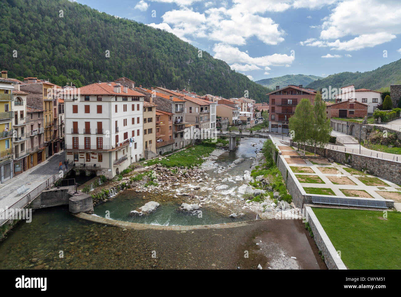 camprodon,catalonia,spain.pyrenees,houses over ter river. Stock Photo