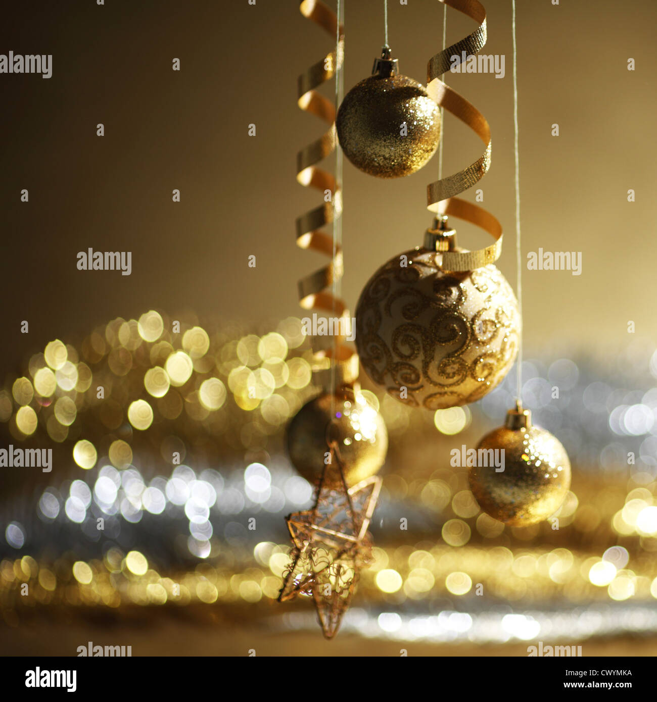 golden christmas balls on bokeh background Stock Photo - Alamy