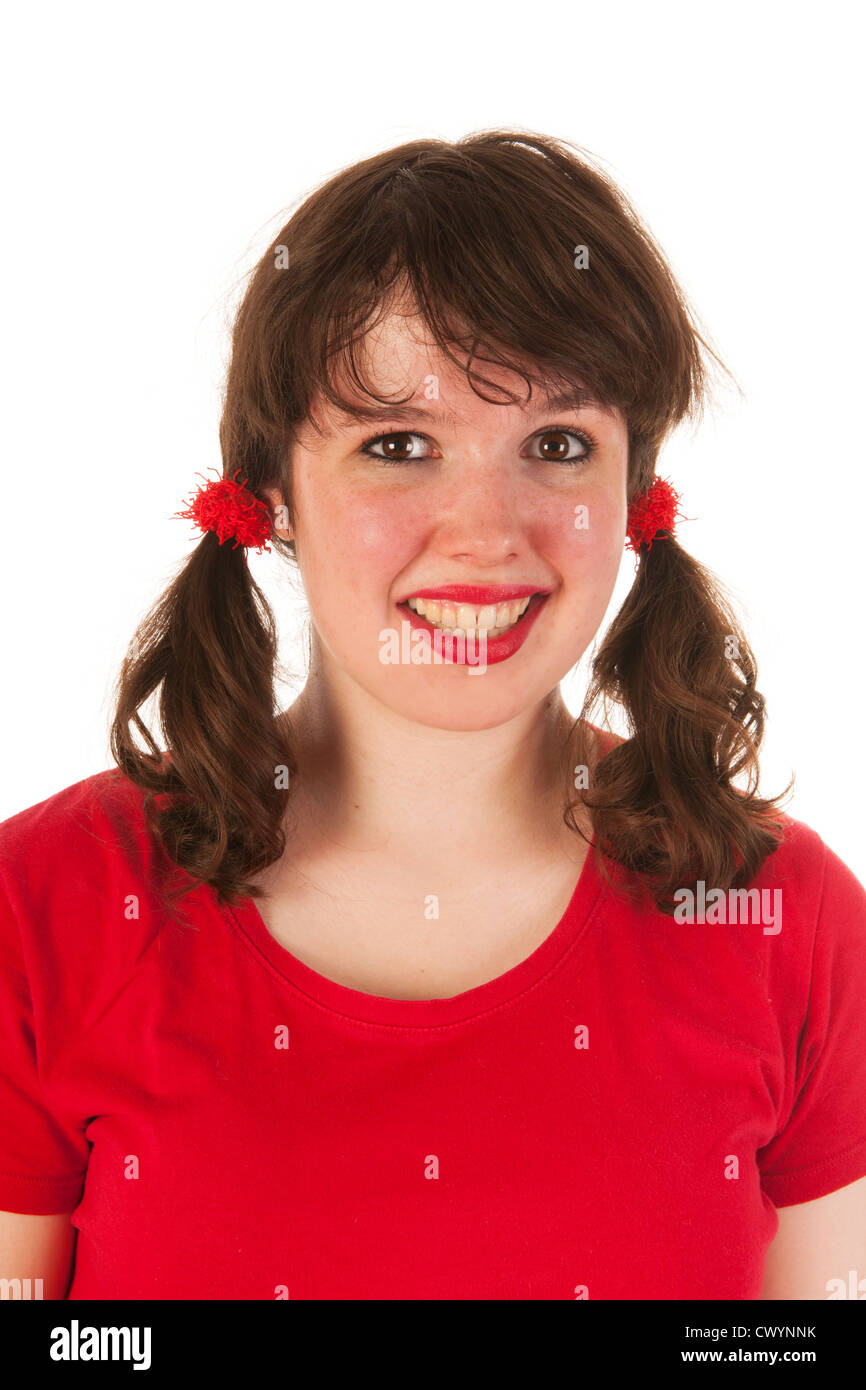 Portrait teen girl with red shirt and tales Stock Photo - Alamy