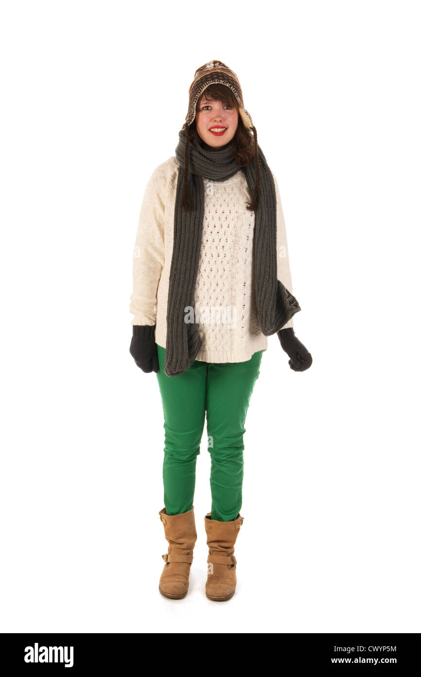 Winter girl with wool sweater ice cap and gloves Stock Photo