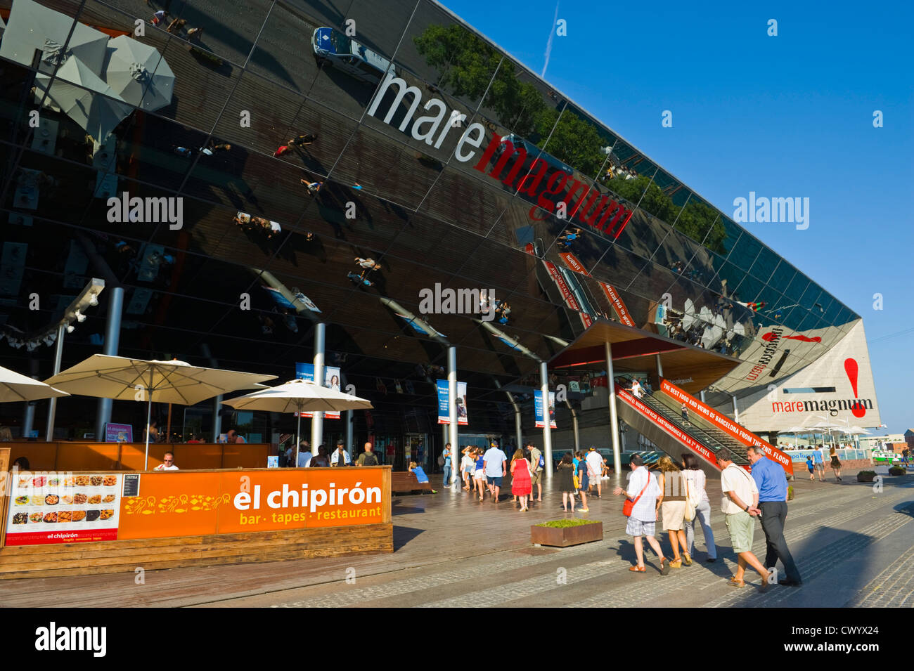 Barcelona people shopping. Exterior of MAREMAGNUM shopping mall at Port Vell Barcelona Catalonia Spain ES Stock Photo