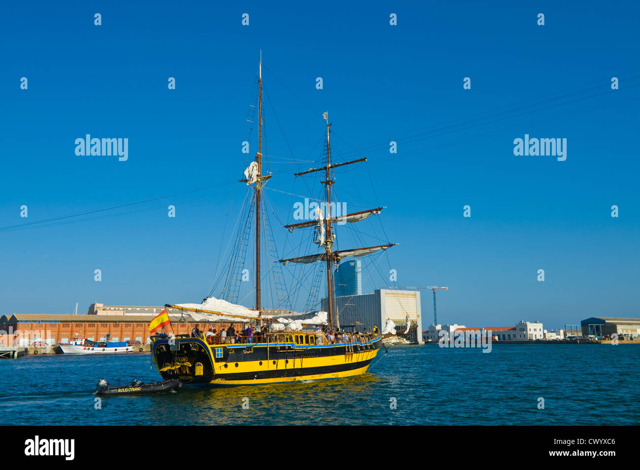 Sailing ship leaving Port Vell harbour at Barcelona Catalonia Spain ES Stock Photo